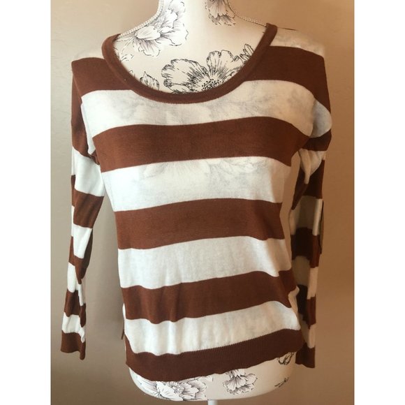 Women's Forever 21 Brown/White Striped Sweater w/Patchwork Elbows - Picture 1 of 3